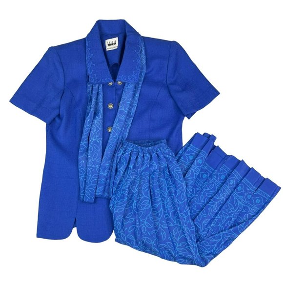 Leslie Fay Dresses Skirt Set Women's 10 INCLUDES SCARF Blue 100% Polyester Sprin - Picture 1 of 13